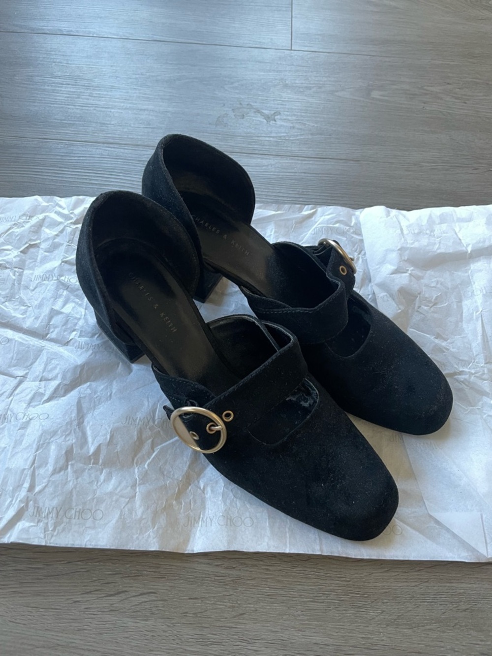 Black Suede Mary Jane Block Heel with Gold Buckle